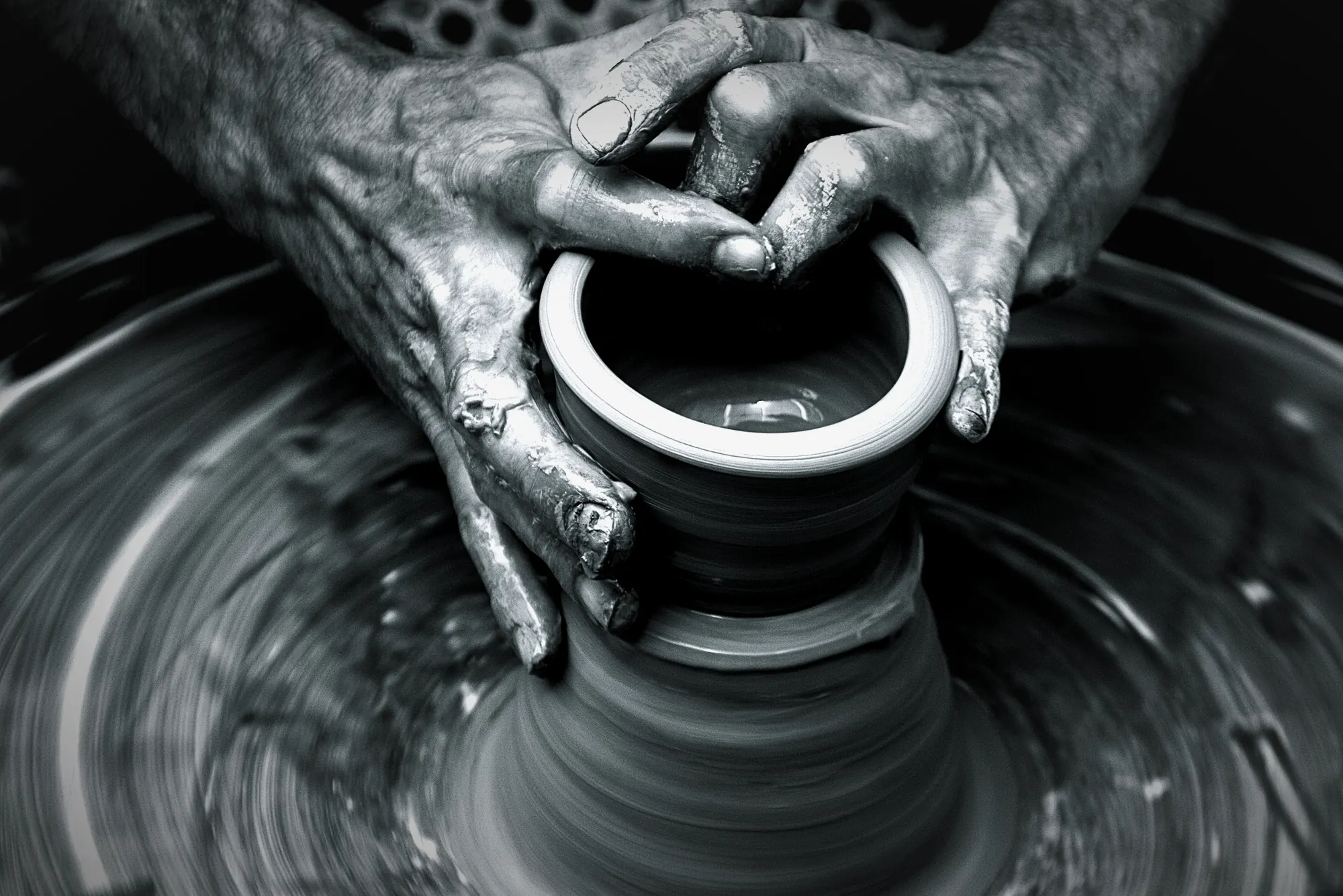 A potter's hands shaping clay on a spinning wheel, in black and white