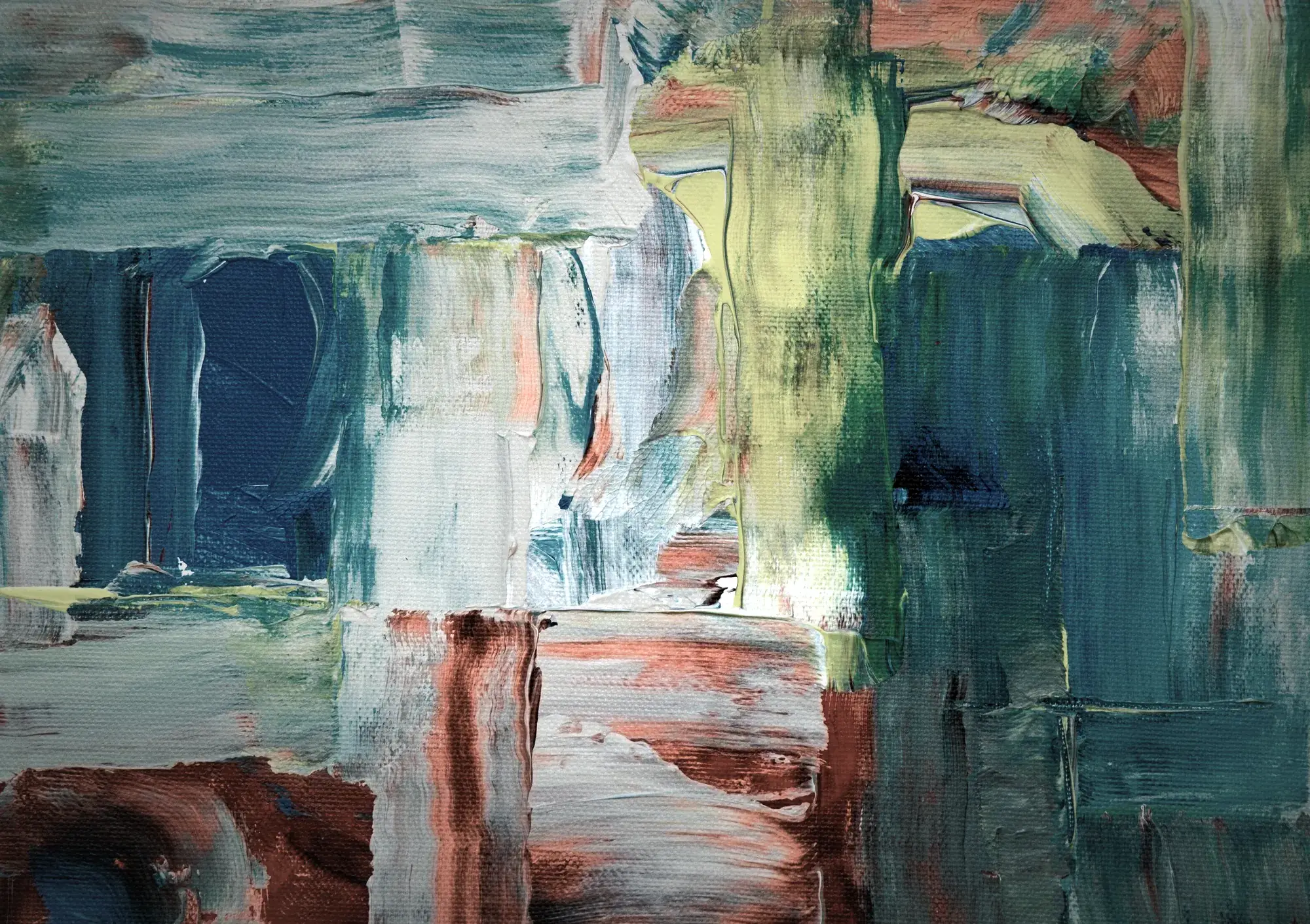 Abstract painting in deep blue and teal, crossed with tangerine brushstrokes