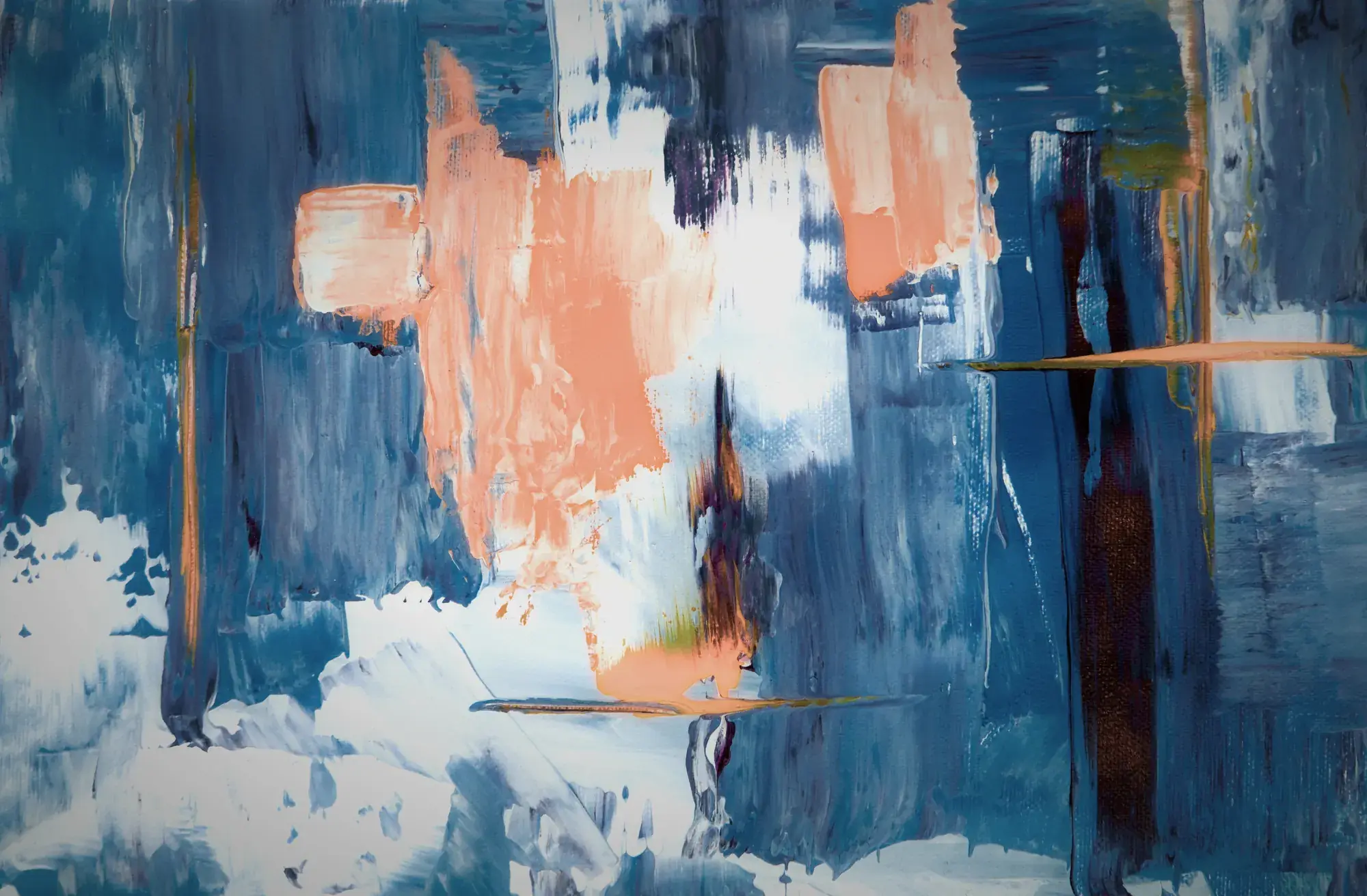Abstract painting in storm blue with tangerine brushstrokes