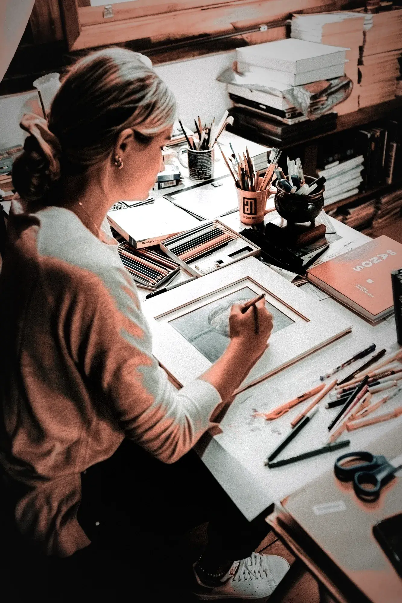 A woman working carefully at a drawing desk covered in pencils and paper